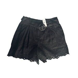 LOFT Women's Sz 4 Black Belted Pleated Eyelet Linen Blend Shorts NWT